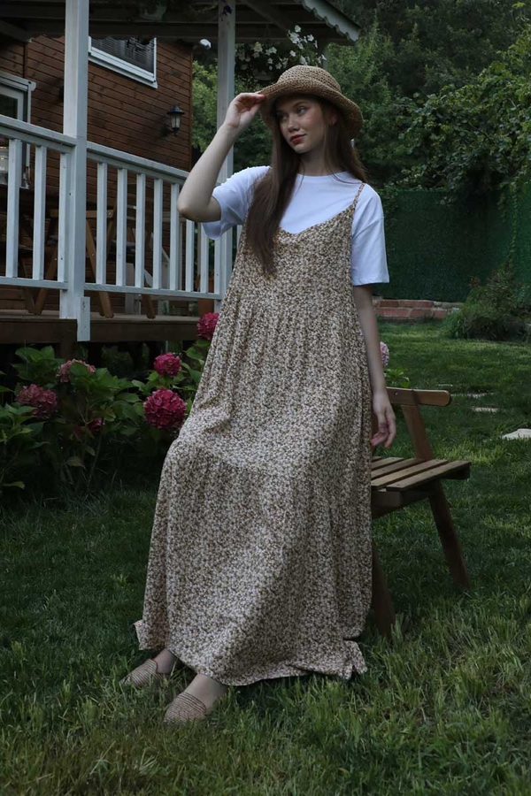 Çiçek Desenli İnce Askılı Elbise Kahve - 4
