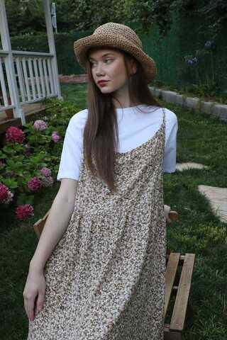 Çiçek Desenli İnce Askılı Elbise Kahve - 2