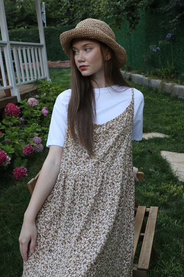 Çiçek Desenli İnce Askılı Elbise Kahve - 2