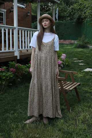 Çiçek Desenli İnce Askılı Elbise Kahve - 3