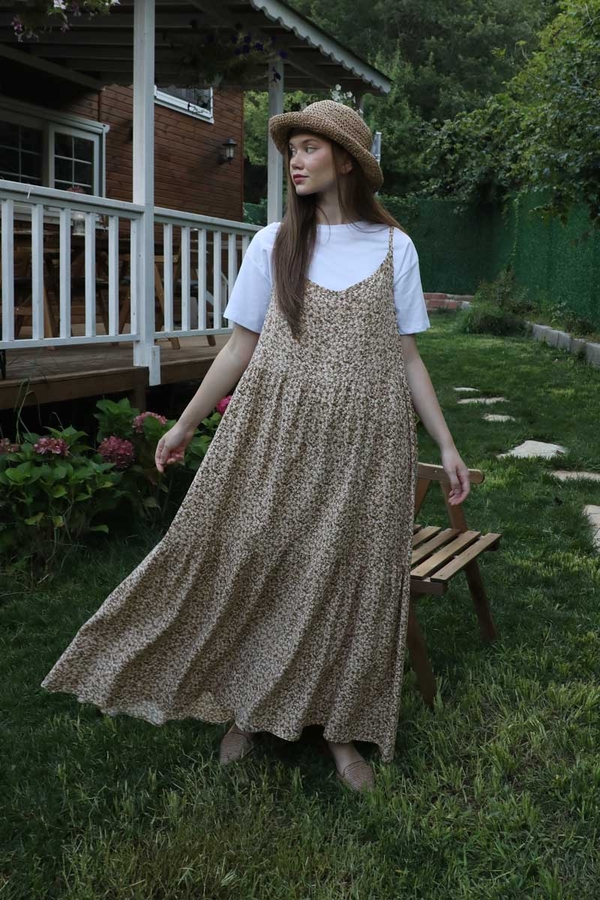 Çiçek Desenli İnce Askılı Elbise Kahve - 1