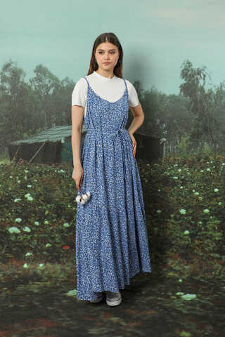 Çiçek Desenli İnce Askılı Elbise Mavi - 4