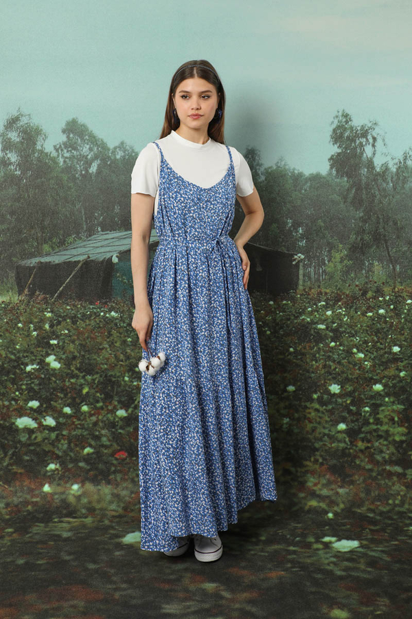 Çiçek Desenli İnce Askılı Elbise Mavi - 4