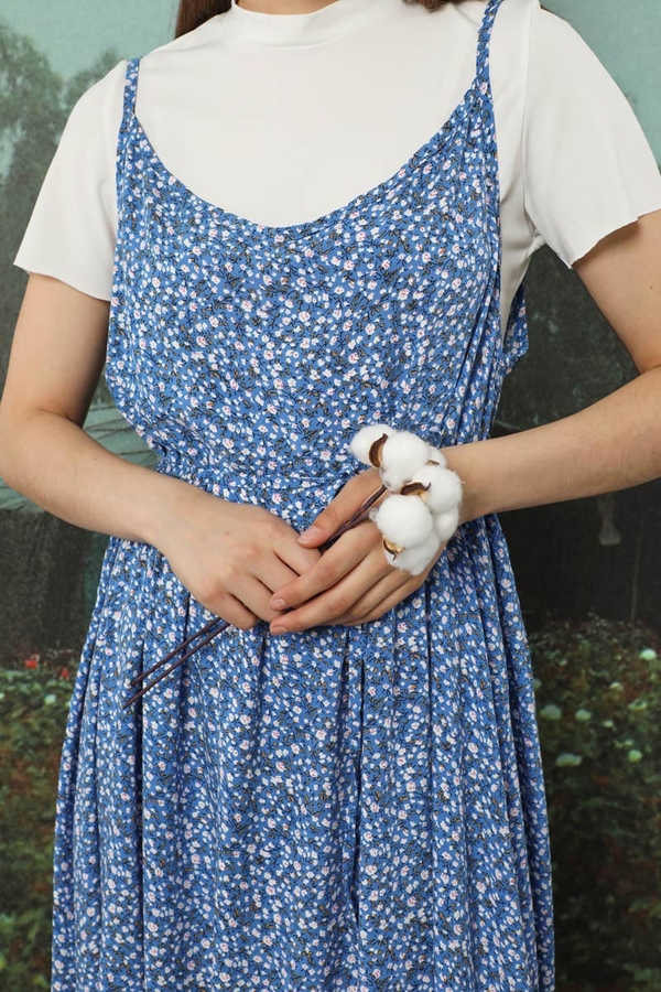 Çiçek Desenli İnce Askılı Elbise Mavi - 6