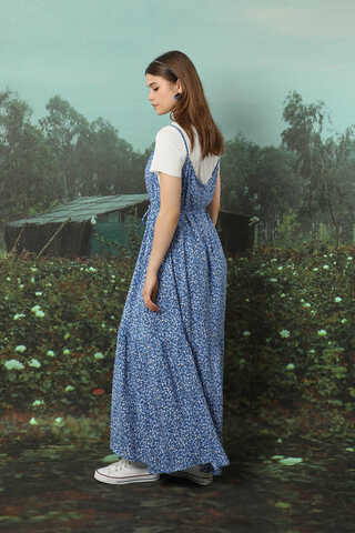 Çiçek Desenli İnce Askılı Elbise Mavi - 7