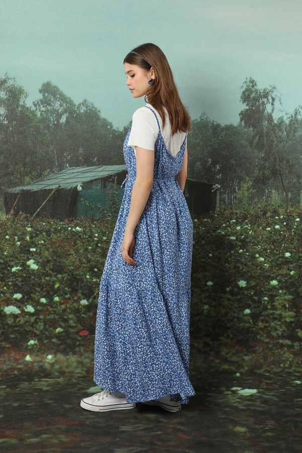 Çiçek Desenli İnce Askılı Elbise Mavi - 7