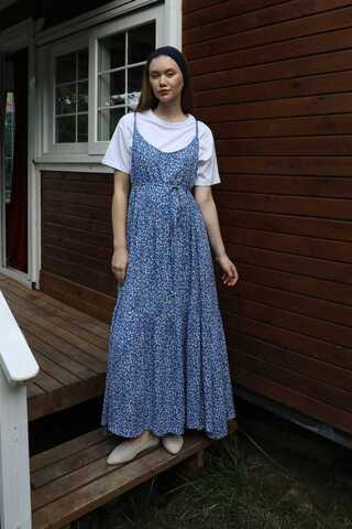 Çiçek Desenli İnce Askılı Elbise Mavi - 2