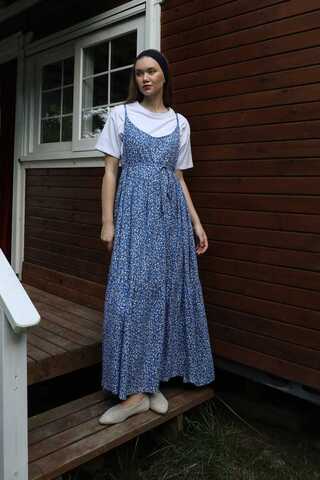 Çiçek Desenli İnce Askılı Elbise Mavi - 3