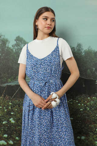 Çiçek Desenli İnce Askılı Elbise Mavi - 5