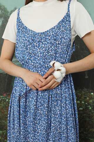 Çiçek Desenli İnce Askılı Elbise Mavi - 6