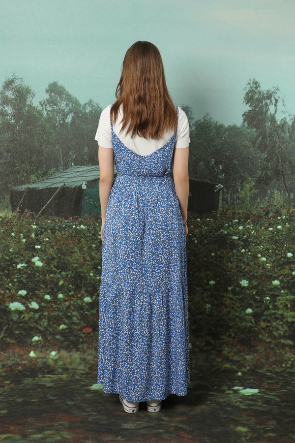 Çiçek Desenli İnce Askılı Elbise Mavi - 8