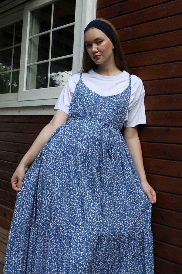 Çiçek Desenli İnce Askılı Elbise Mavi - 1