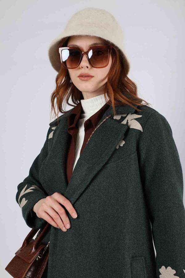 Çiçek Desenli Kaşe Kaban Koyu Yeşil - 2