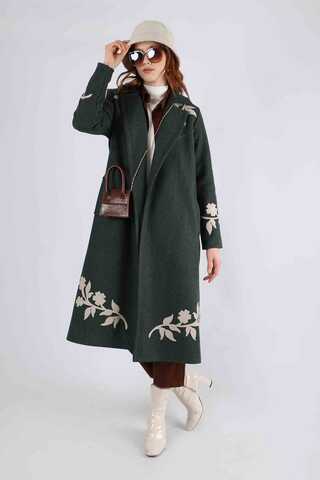 Çiçek Desenli Kaşe Kaban Koyu Yeşil - 3