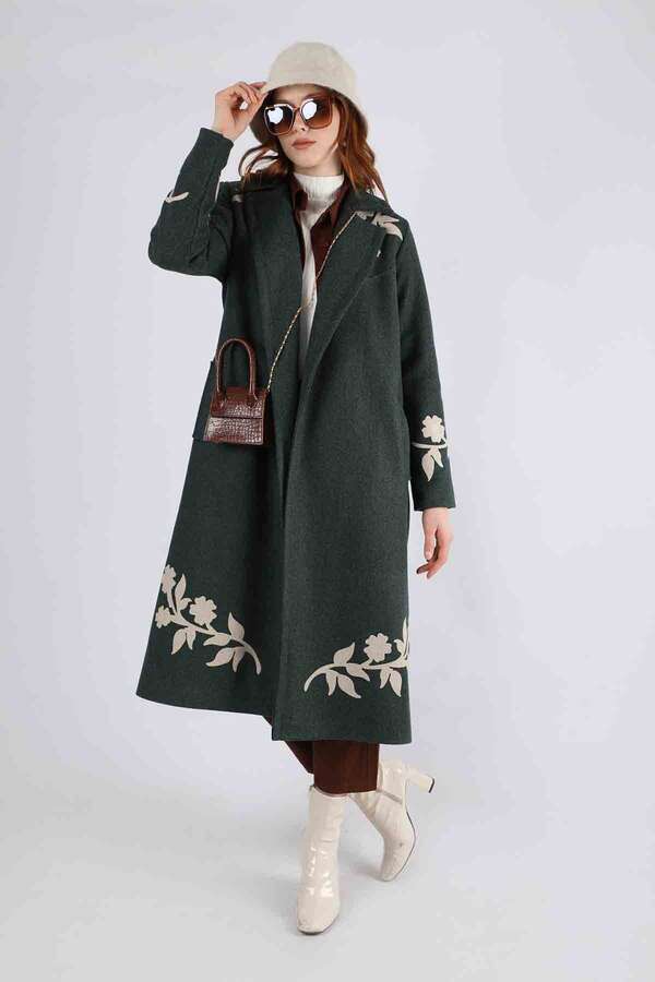 Çiçek Desenli Kaşe Kaban Koyu Yeşil - 3