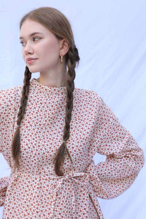 Çiçek Desenli Müslin Elbise Kırmızı - 10