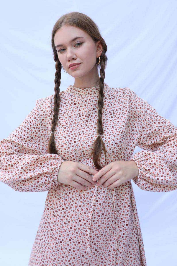 Çiçek Desenli Müslin Elbise Kırmızı - 9