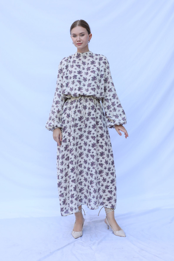Çiçek Desenli Müslin Elbise Lila - 6