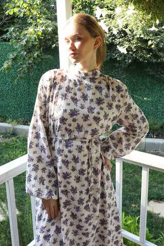 Çiçek Desenli Müslin Elbise Lila - 3