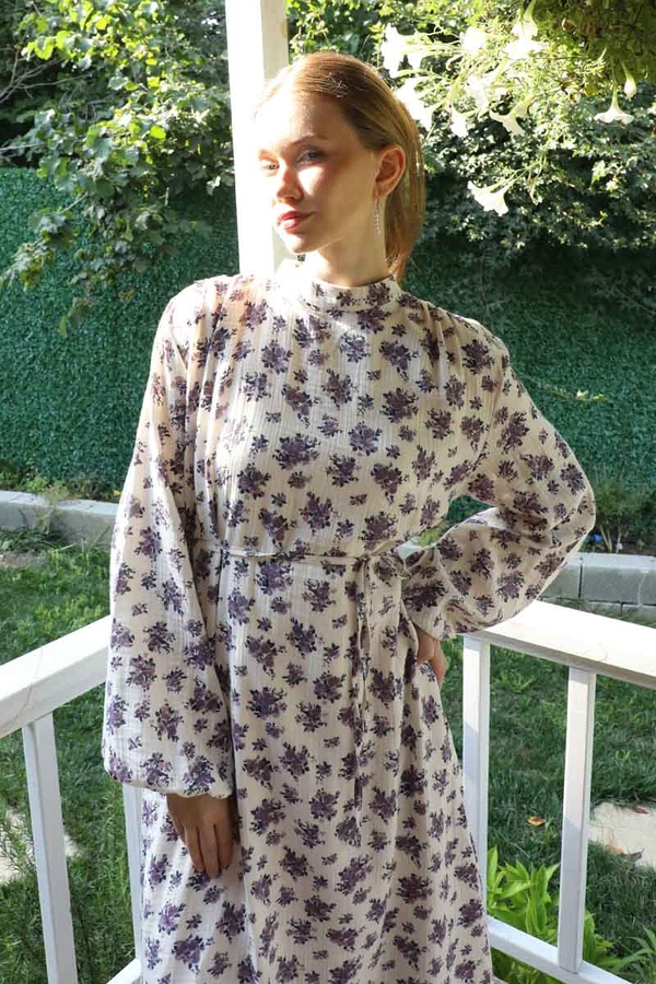 Çiçek Desenli Müslin Elbise Lila - 3