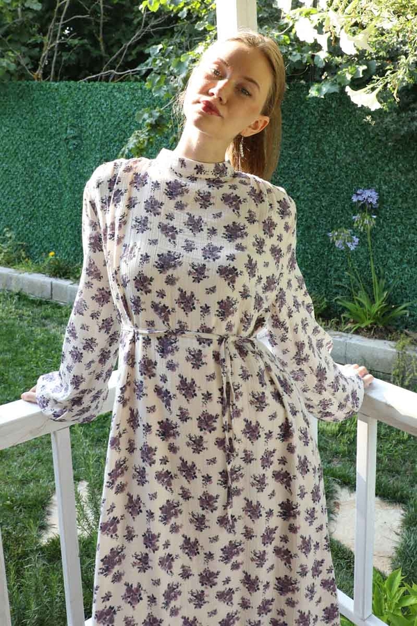 Çiçek Desenli Müslin Elbise Lila - 2
