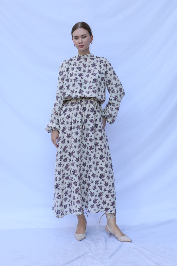 Çiçek Desenli Müslin Elbise Lila - 4