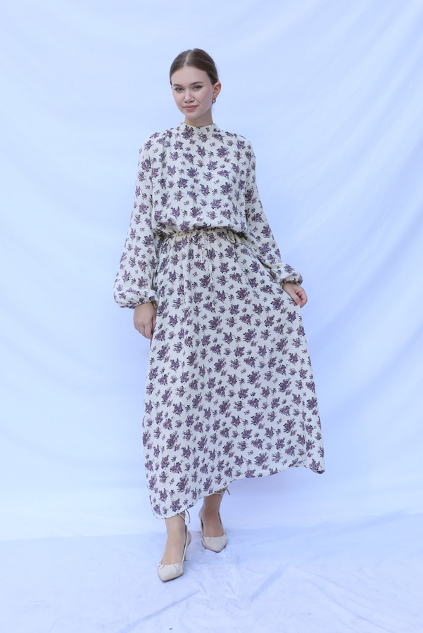 Çiçek Desenli Müslin Elbise Lila - 5