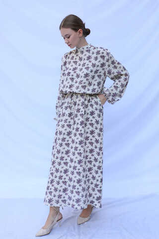 Çiçek Desenli Müslin Elbise Lila - 7