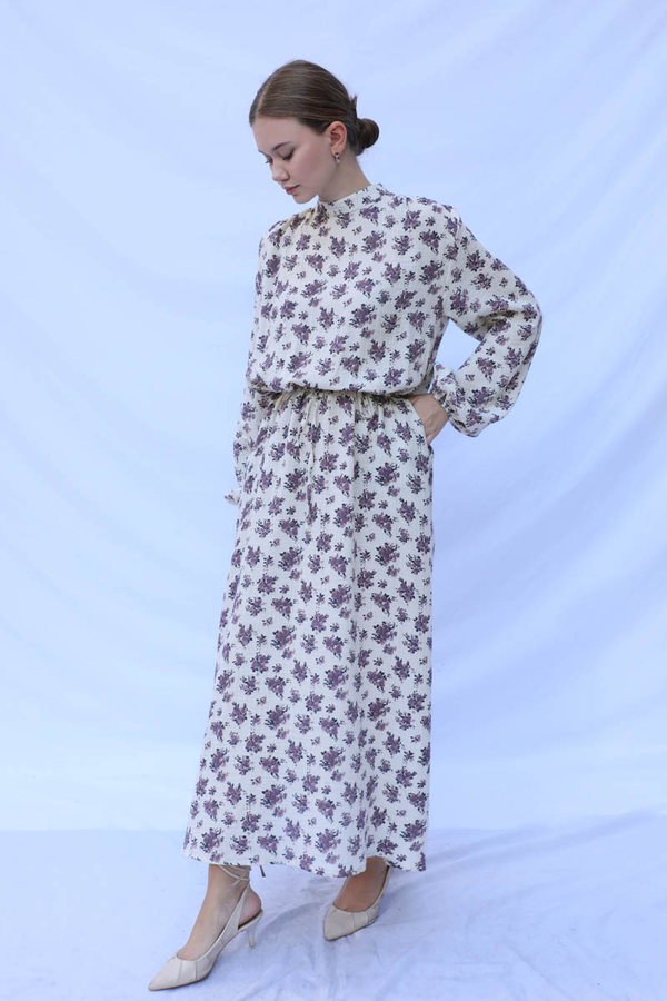 Çiçek Desenli Müslin Elbise Lila - 7