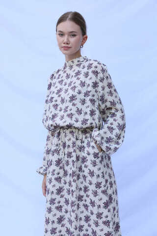 Çiçek Desenli Müslin Elbise Lila - 8