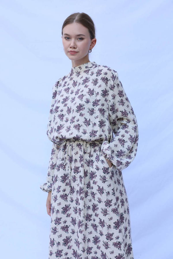 Çiçek Desenli Müslin Elbise Lila - 8