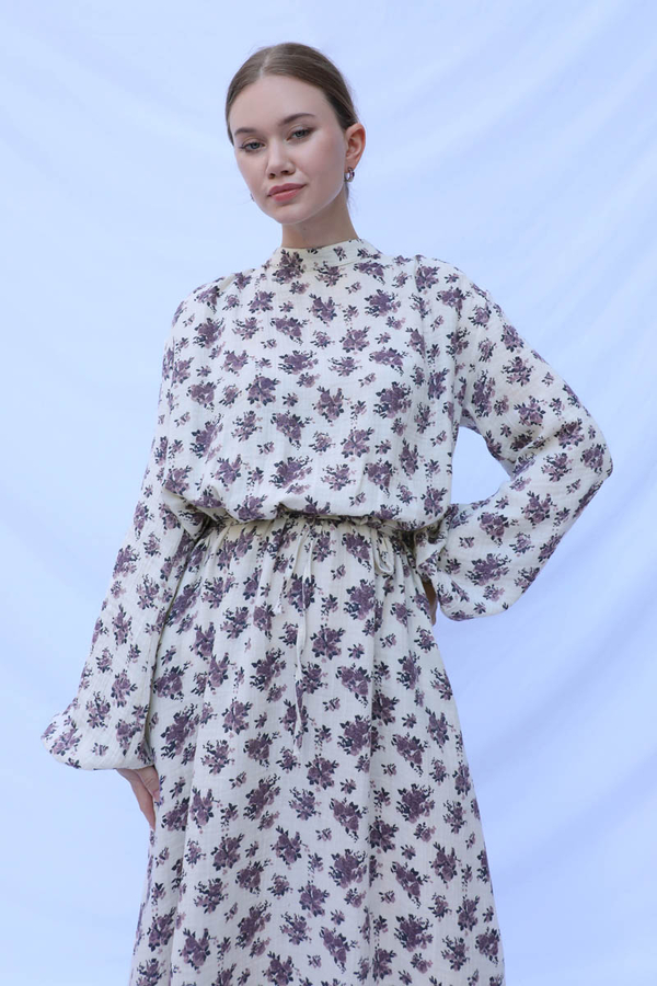 Çiçek Desenli Müslin Elbise Lila - 9