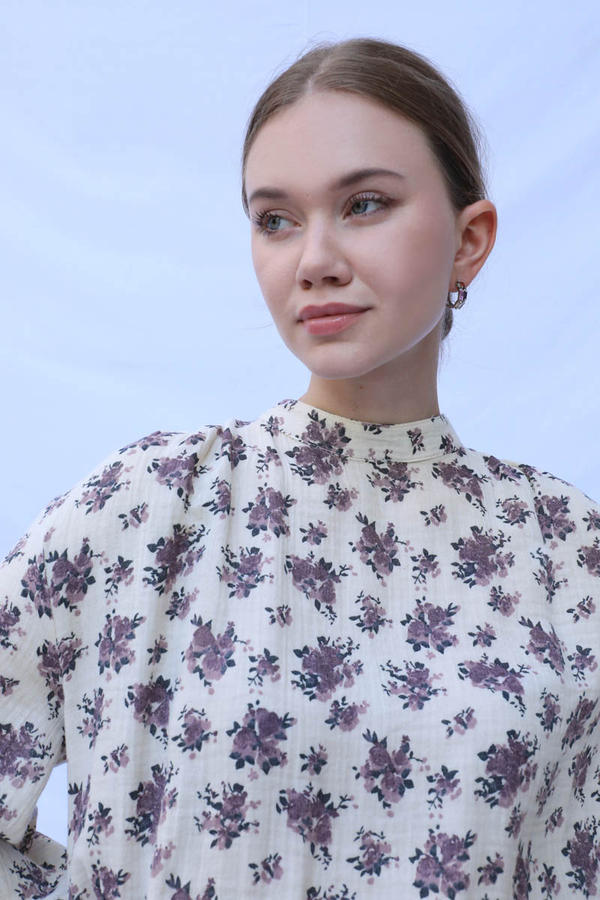 Çiçek Desenli Müslin Elbise Lila - 10