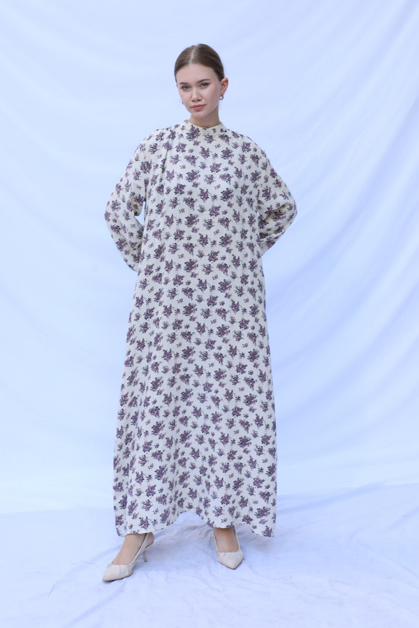 Çiçek Desenli Müslin Elbise Lila - 11