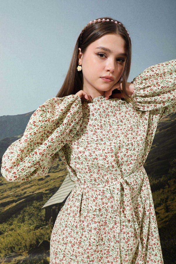 Çiçek Desenli Müslin Elbise Nar Çiçeği - 5