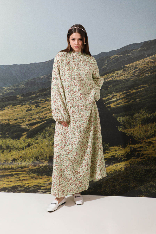 Çiçek Desenli Müslin Elbise Nar Çiçeği - 4