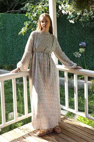 Çiçek Desenli Müslin Elbise Nar Çiçeği - 1