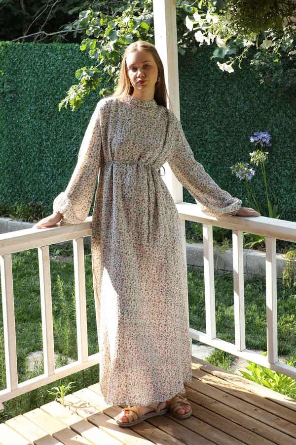 Çiçek Desenli Müslin Elbise Nar Çiçeği - 1