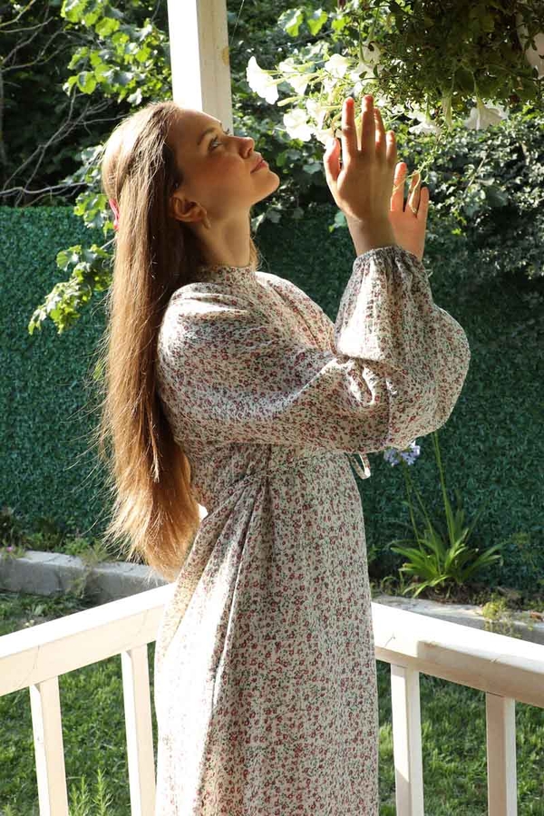 Çiçek Desenli Müslin Elbise Nar Çiçeği - 2