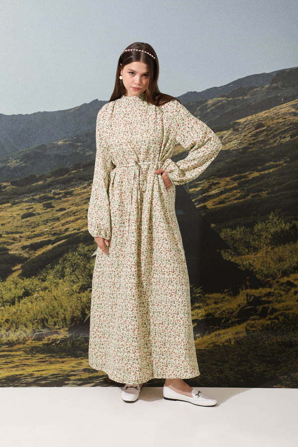 Çiçek Desenli Müslin Elbise Nar Çiçeği - 3