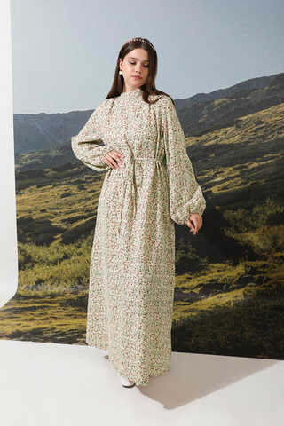 Çiçek Desenli Müslin Elbise Nar Çiçeği - 6