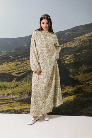 Çiçek Desenli Müslin Elbise Nar Çiçeği - 4