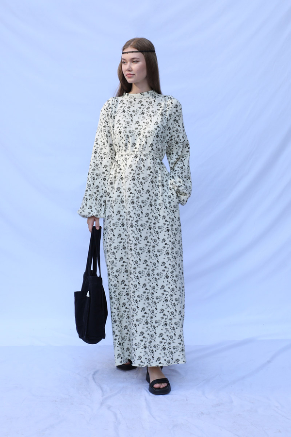 Çiçek Desenli Müslin Elbise Siyah - 4