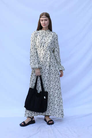 Çiçek Desenli Müslin Elbise Siyah - 7