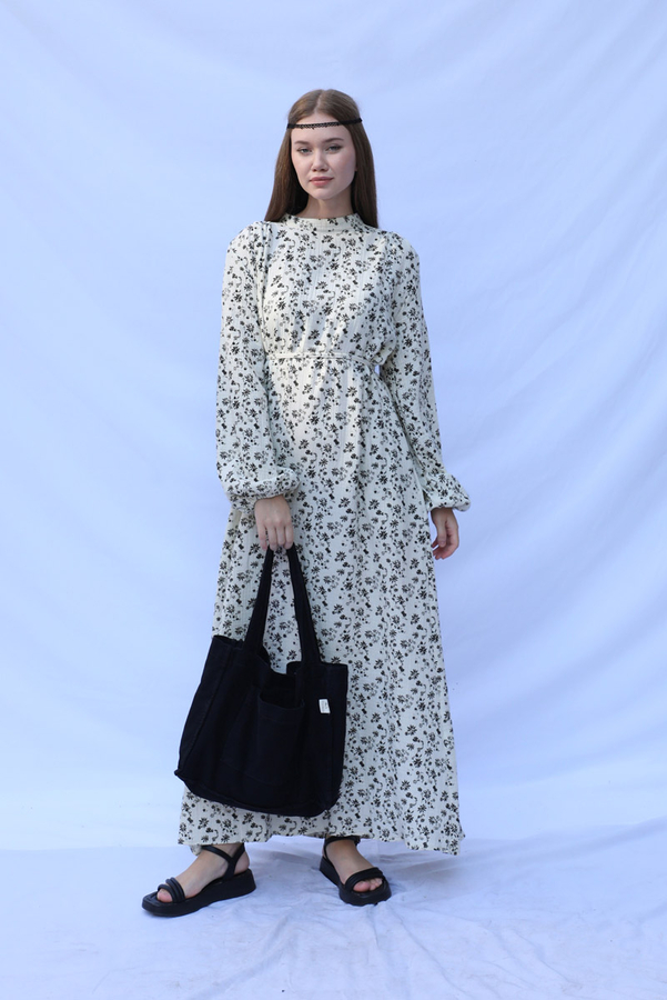 Çiçek Desenli Müslin Elbise Siyah - 7