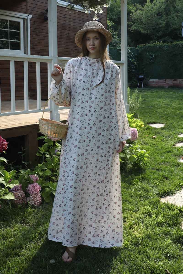 Çiçek Desenli Müslin Elbise Turuncu - 1