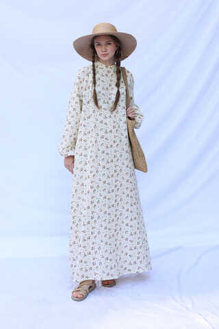 Çiçek Desenli Müslin Elbise Turuncu - 4