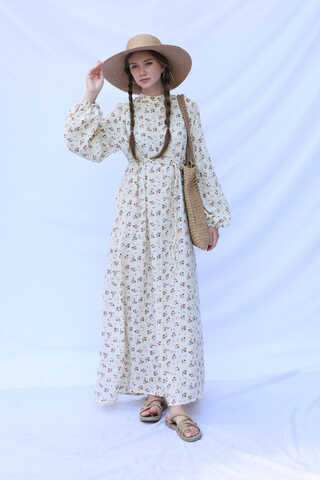 Çiçek Desenli Müslin Elbise Turuncu - 5