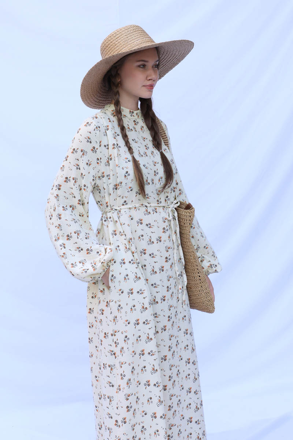 Çiçek Desenli Müslin Elbise Turuncu - 7