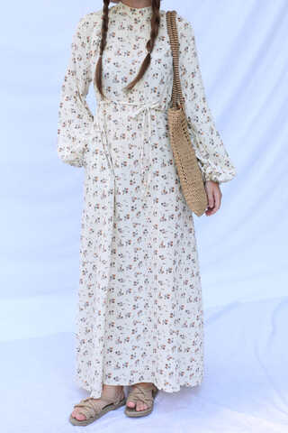 Çiçek Desenli Müslin Elbise Turuncu - 8